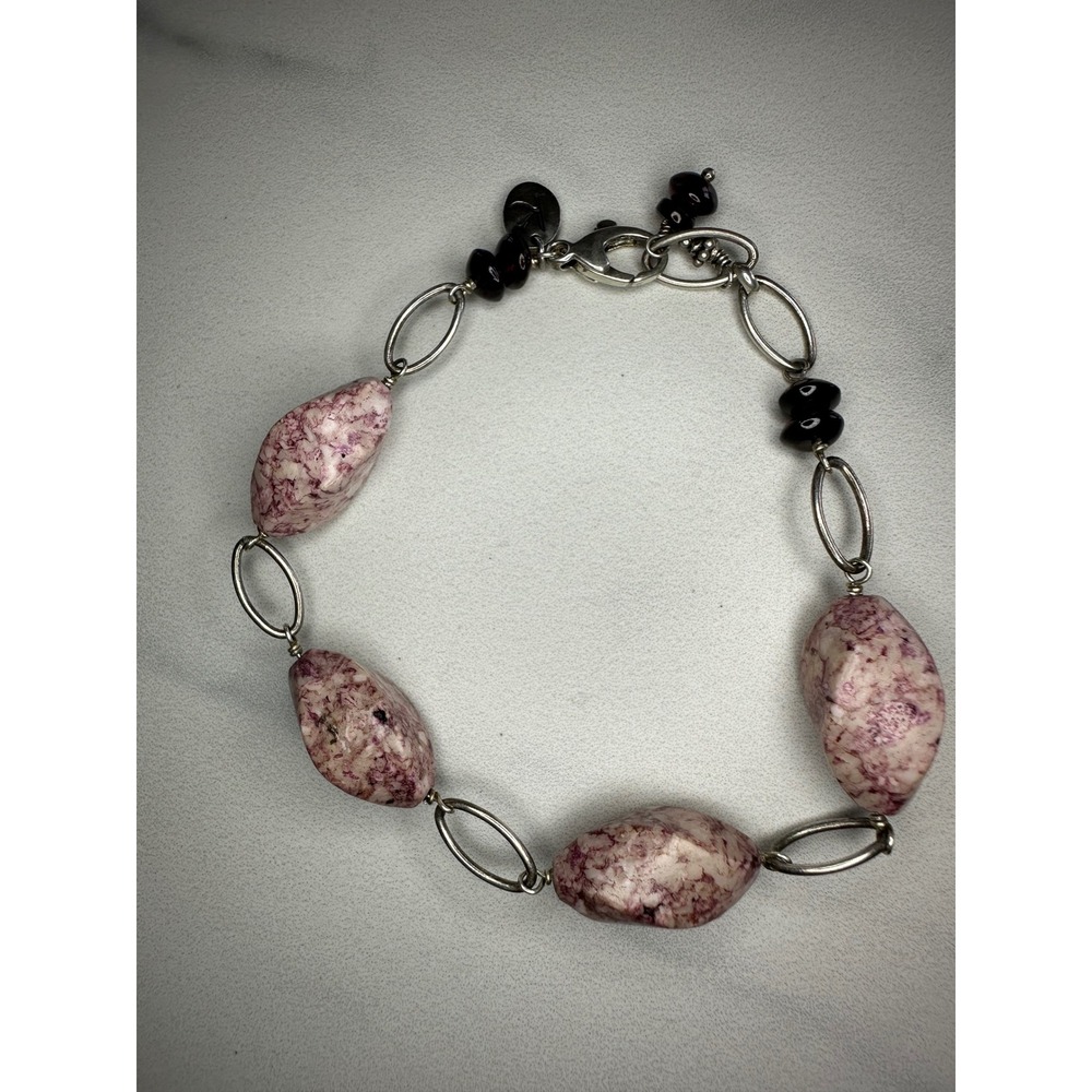 K Sterling Silver 925 Marbled Purple Stone & Garnet Beaded Link Bracelet 8.5"